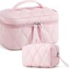 BAGSMART Travel Makeup Bag, 2-Piece Puffy Quilted Cute Make Up Bag Cosmetic Bags for Women, Large Wide-Open Toiletry Pouch Gifts for Toiletries Accessories Travelling Essentials, Pink