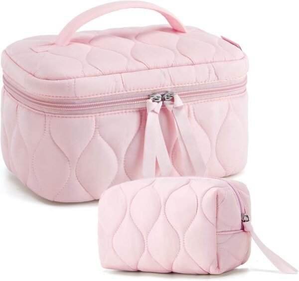 BAGSMART Travel Makeup Bag, 2-Piece Puffy Quilted Cute Make Up Bag Cosmetic Bags for Women, Large Wide-Open Toiletry Pouch Gifts for Toiletries Accessories Travelling Essentials, Pink