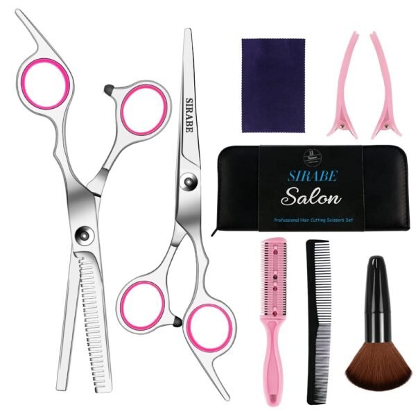 61YjdLVwohL._SL1000_.jpg Sirabe 9 PCS Hair Cutting Scissors Thinning Shears Kit, Professional Haircut Scissors Set, Barber Hairdressing Texturizing Shears Tools for Salon Home Men Women Kids Adults Pet