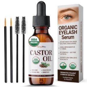 BodyJ4You Organic Castor Oil for Hair Growth: Natural Eyelashes Serum for Lashes and Eyebrows - Glass Bottle 1 Fl Oz