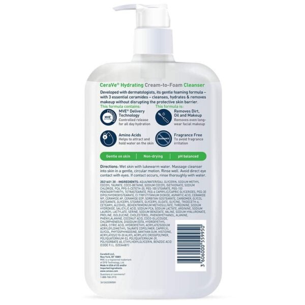 61aDgJrOEUL._SL1000_.jpg CeraVe Hydrating Cream To Foam Cleanser, Makeup Remover Face Wash For Dry Skin, Foaming Facial Cleanser With Hyaluronic Acid, Normal To Dry Skin, Fragrance Free & Non Comedogenic, 19 Fluid Ounce