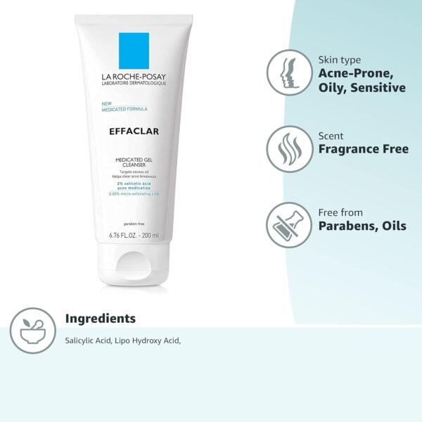 61aIm2nYD9L._SL1500_.jpg La Roche-Posay Effaclar Medicated Gel Cleanser, 2% Salicylic Acid Cleanser + LHA + Glycerin, Foaming Acne Face Wash, Helps Clear & Prevent Acne Breakouts, Oil Free, Targets Excess Oil