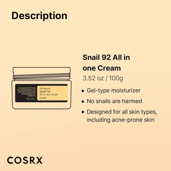 61bA5mc943L._SL1500_.jpg COSRX Snail Mucin 92% Face Moisturizer, 3.52 Oz, Lightweight Moisturing Cream for Soft, Glowy Skin, Korean Skin Care, Korean Moisturizer Face Cream