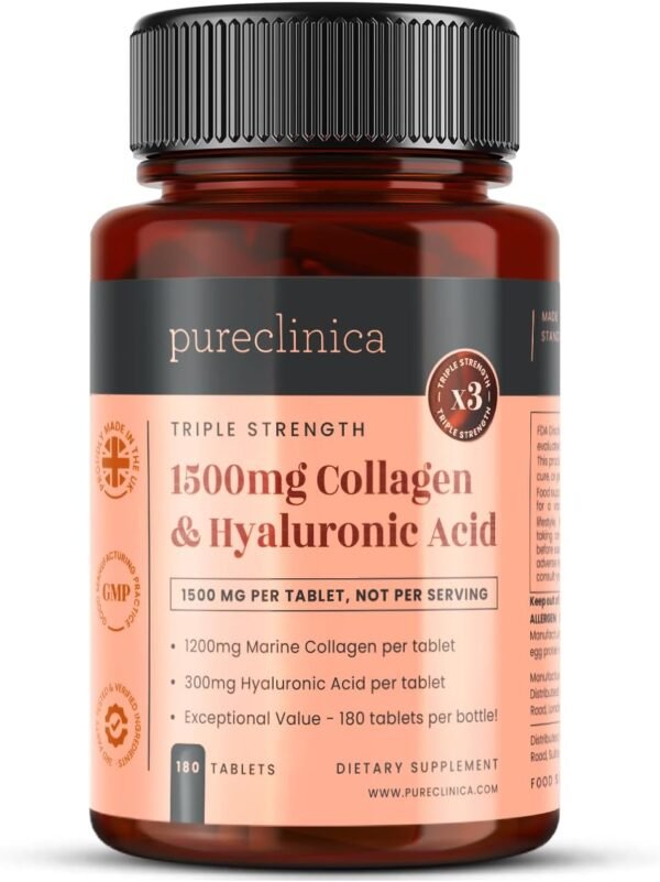 61bFKyG51XL._AC_SL1500_.jpg pureclinica 1500mg UltraColl Collagen (1200mg) and Hyaluronic Acid (300mg) x 180 Tablets - 6 Months Supply