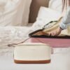 61d3lOjAnaL._AC_SL1500_.jpg Telena Makeup Bag Large Capacity Travel Cosmetic Bag Portable PU Leather Water Resistant Makeup Organizer Bags for Women with Handle and Divider Open Flat Beige with Brown