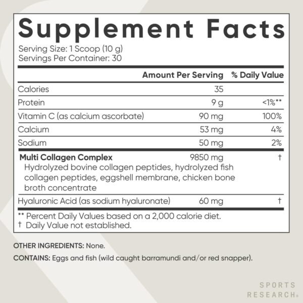 61e8w5J8y2L._AC_SL1200_.jpg Sports Research Multi Collagen Protein Powder (Type I, II, III, V, X) with Hyaluronic Acid + Vitamin C | 5 Types of Food Based Collagen, 30 Servings (Unflavored)