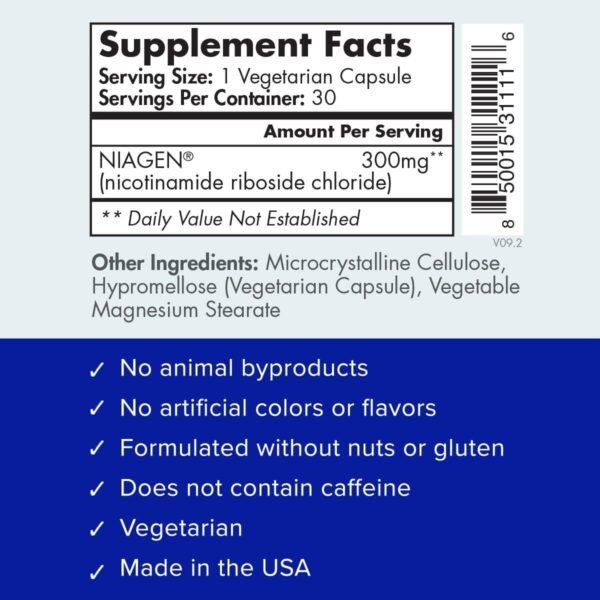 TRU NIAGEN Patented NAD+ Supplement for Anti Aging and Cell Regeneration, 300 mg Niagen, 30 Servings | Supports Cellular Energy, Brain, Muscle | Nicotinamide Riboside (NR) Take 1 Daily | 1 Bottle