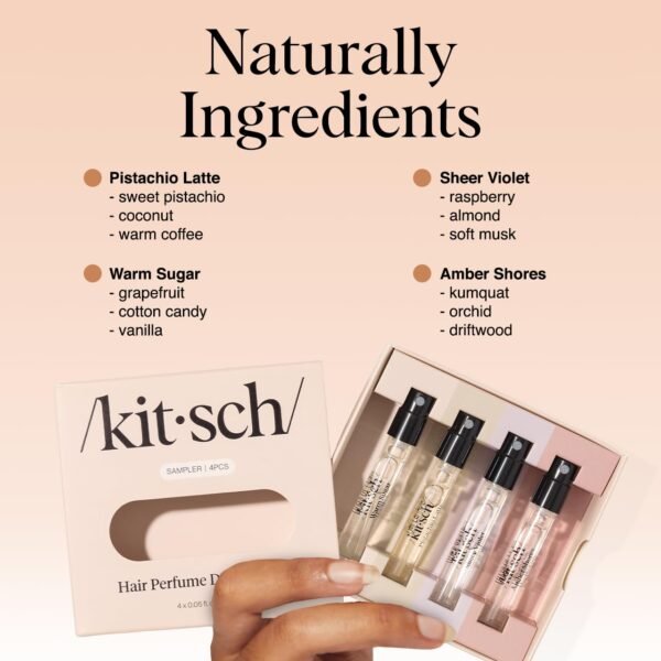 61f1LAI41RL._SL1280_.jpg Kitsch Hair Perfume For Women (Discovery Set) - Pistachio Latte, Warm Sugar, Sheer Violet & Amber Waves - Patented Odor-Eliminating Technology, Body Mist - Freshen Hair, Body & Pillows - 4x1.5mL