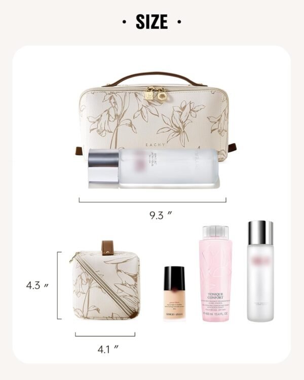 61fFpQ-ZG6L._AC_SL1500_.jpg EACHY Travel Makeup Bag, Large Capacity Cosmetic Bags for Women, Waterproof Portable Pouch Open Flat Toiletry Bag Pattern Make up Bag (F-Beige)