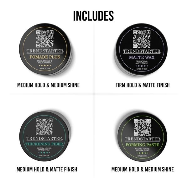 TRENDSTARTER - POMADE SAMPLE PACK - TEST BEFORE YOU INVEST - Matte Wax - Forming Paste - Thickening Fiber - Pomade Plus (Four 0.25oz Samples)