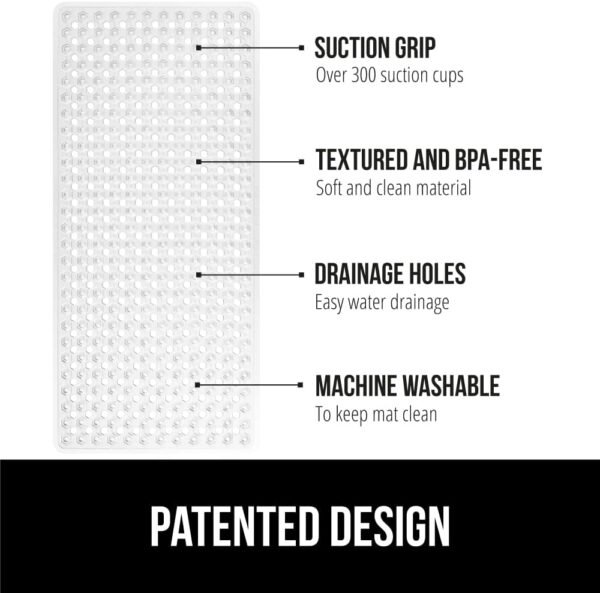 GORILLA GRIP Patented Bath Tub Shower Mat, Machine Washable Bathtub Floor Liner Mats, Suction Cups and Drain Holes to Keep Tubs Clean, Soft on Feet, Bathroom Essentials, 35x16 Inch, Clear