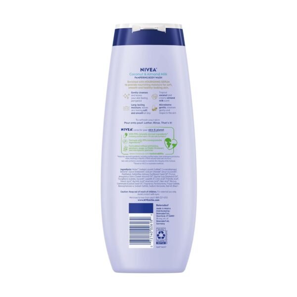 NIVEA Pampering Coconut and Almond Milk Body Wash with Nourishing Serum, Moisturizing Body Wash for Women, Enriched with Provitamin B5 and Vitamin E, 20 Fl Oz Bottle