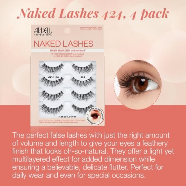 Ardell Naked Lashes #424, Strip Lashes Natural with Invisiband for Subtle Volume & Length, 4 Pairs, 1 Pack
