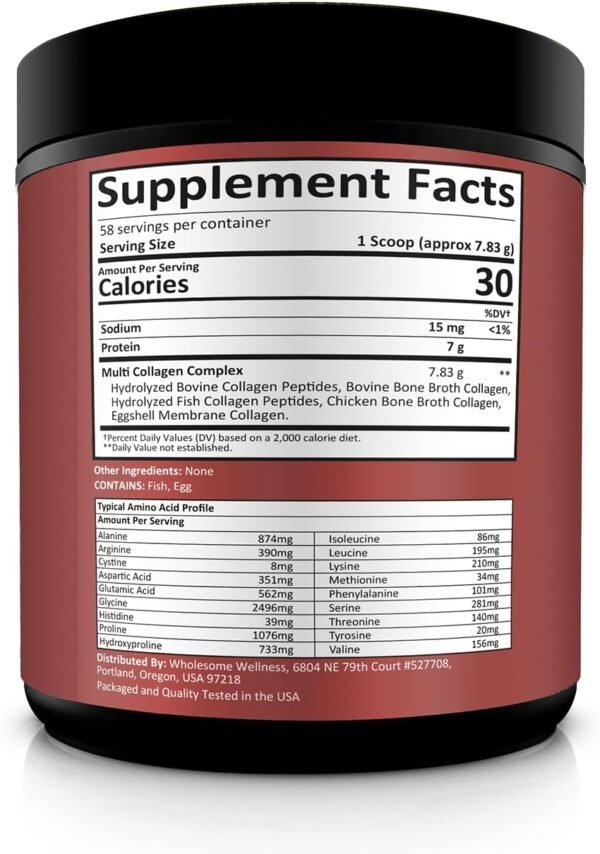 61iCkoZAXXL._AC_SL1500_.jpg Wholesome Wellness Multi Collagen Protein Powder Hydrolyzed (Type I II III V X) Grass-Fed All-in-One Super Bone Broth + Peptides - Premium Blend of Beef, Chicken, Wild Fish, Eggshell, 58 Servings