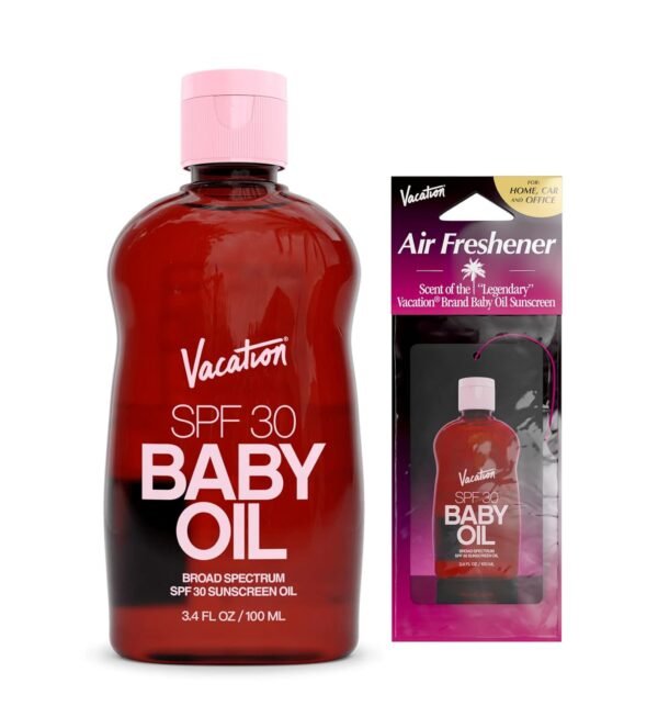 Vacation Baby Oil SPF 30 & Air Freshener Bundle, Hydrating & Nourishing, Mineral-Oil Free, Lightweight Formula, Transparent On All Skin Tones, Travel Size Sunscreen, 3.4 Fl. Oz.