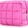 E-Tree Cute Makeup Bag,Quilted Cosmetic Bag,Make up Pouch for Purse,Toiletry Zipper Pouch,Checkered Bag,Travel Case,Storage Pouches for Organization (Hot Pink)