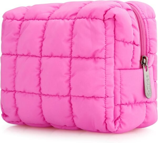 E-Tree Cute Makeup Bag,Quilted Cosmetic Bag,Make up Pouch for Purse,Toiletry Zipper Pouch,Checkered Bag,Travel Case,Storage Pouches for Organization (Hot Pink)