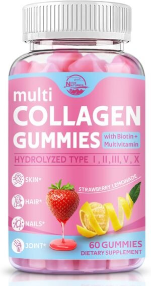61lFZAQNpyL._AC_SL1500_.jpg Multi Collagen Peptides Gummies, Type I, II, III, V, X - Hydrolyzed Collagen Peptides with Biotin, Hyaluronic Acid, Supports Healthy Skin, Strong Nails & Thick Hair, 60 Count, 1 Pack
