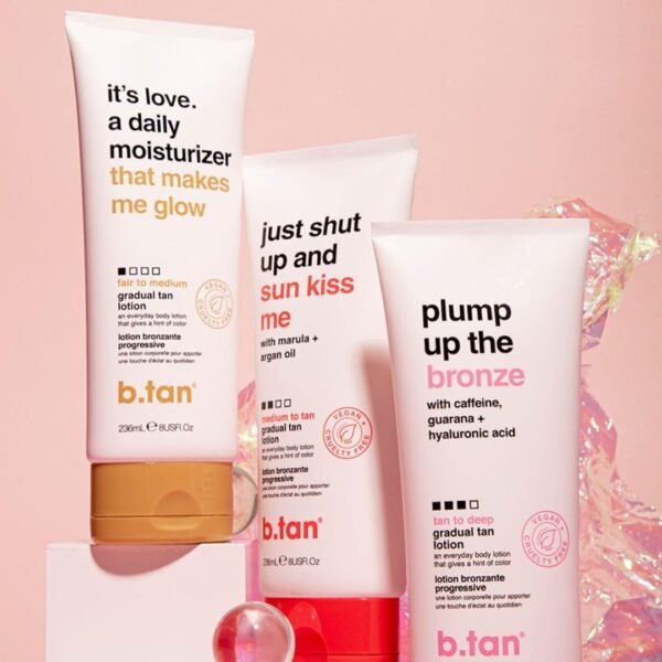 b.tan Medium Gradual Self Tanning Lotion | Just Shut Up and Sun Kiss Me Everyday Glow Lotion - Develop a Bronzed Glow, Infused With Marula + Argan Oil, Vegan, Cruelty & Paraben Free, 236ml