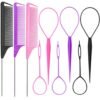 9pcs Topsy Hair Tail Tool and rat tail comb set,6pcs French Braiding Tool ring,3Pcs Metal Parting Combs,Woman Girl Hair Styling (Pink,Purple, Black)