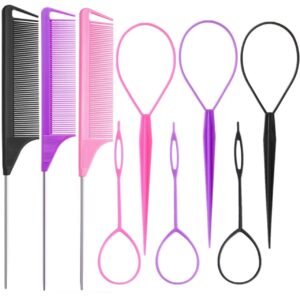 61mBnxDjCkL._SL1280_.jpg 9pcs Topsy Hair Tail Tool and rat tail comb set,6pcs French Braiding Tool ring,3Pcs Metal Parting Combs,Woman Girl Hair Styling (Pink,Purple, Black)