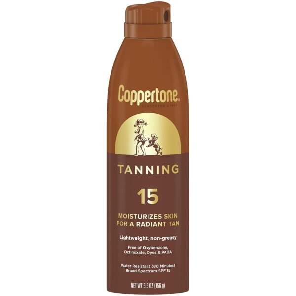 Coppertone Tanning Sunscreen Spray with Broad Spectrum SPF 15, Water Resistant Spray Sunscreen, Lightweight and Non-Greasy, 5.5 Oz, Pack of 3