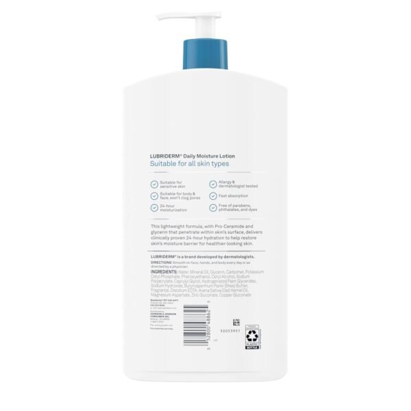 Lubriderm Daily Moisture Lotion + Pro-Ceramide, Shea Butter & Glycerin, Hydrating Face, Hand & Body Lotion, 24-hour Moisturizer for Dry Skin, Paraben & Dye Free, Scented, Non-Greasy, 24 FL OZ