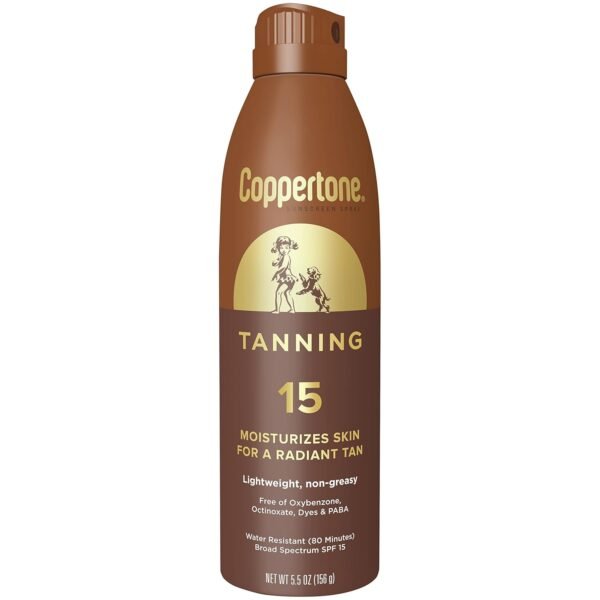 Coppertone Tanning Sunscreen Spray with Broad Spectrum SPF 15, Water Resistant Spray Sunscreen, Lightweight and Non-Greasy, 5.5 Oz