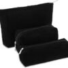3 Pcs Makeup Bag Set for Women Corduroy Cosmetic Pouch Aesthetic Smile Travel Toiletry Bag Cute Purse Pouch Pencil Case Makeup Brushes Storage Organizer with Zipper(Black,Solid Style)