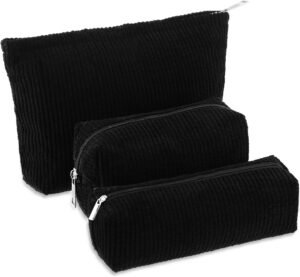 3 Pcs Makeup Bag Set for Women Corduroy Cosmetic Pouch Aesthetic Smile Travel Toiletry Bag Cute Purse Pouch Pencil Case Makeup Brushes Storage Organizer with Zipper(Black,Solid Style)