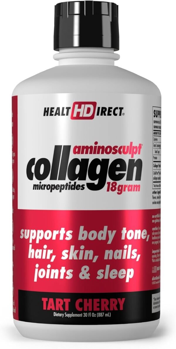 61ogs5zijGL._AC_SL1500_.jpg HEALTH DIRECT AminoSculpt Sugar-Free Collagen Supplement - High Potency Medical-Grade Protein for Hair, Skin, Nails & Joints, Grass-Fed, Non-GMO, Liquid Collagen - Tart Cherry - 30 Fl Oz