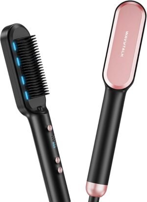 Wavytalk Hair Straightener Brush,Sleek Sweep Ionic Straightening Brush with 6 Temperature Adjust, Anti-Scald Ceramic Hair Straightener Comb Fast Heating for Home Salon, Dual Voltage, Rose Gold