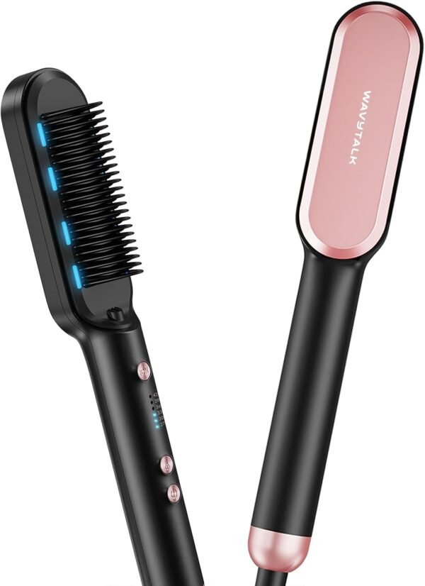 Wavytalk Hair Straightener Brush,Sleek Sweep Ionic Straightening Brush with 6 Temperature Adjust, Anti-Scald Ceramic Hair Straightener Comb Fast Heating for Home Salon, Dual Voltage, Rose Gold