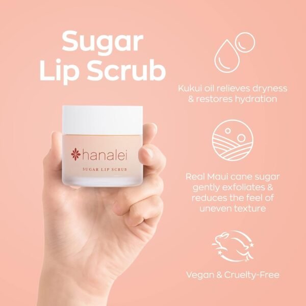 61rmOwPZ9eL._SL1500_.jpg Hanalei Vegan Sugar Lip Scrub Exfoliator - Hawaiian Cane Sugar, Kukui Oil & Shea Butter for Smooth, Hydrated Lips - Natural, Cruelty-Free Lip Care, Removes Dry Skin, Moisturizes & Softens (22g)