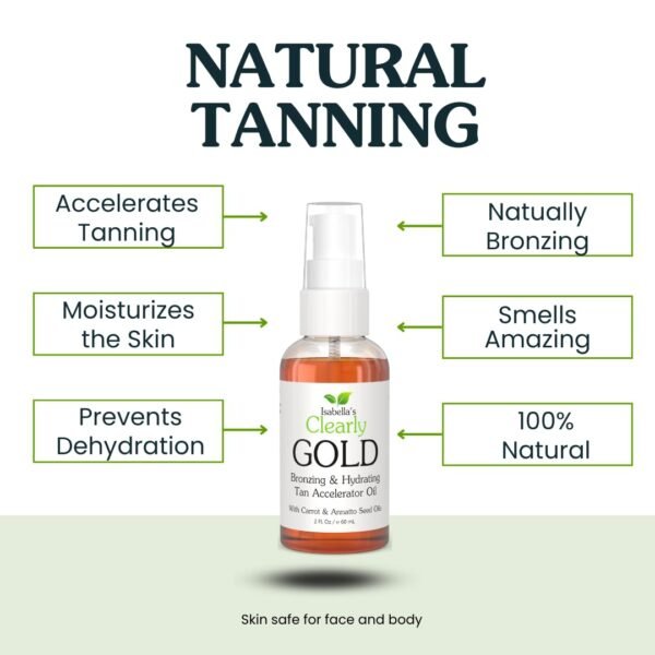 Isabella's Clearly GOLD, Natural Indoor and Outdoor Tanning Oil with Bronzer | Moisturizing Sun Tan Accelerator for a Healthy Bronze Glow with Carrot Seed Oil | Made in USA