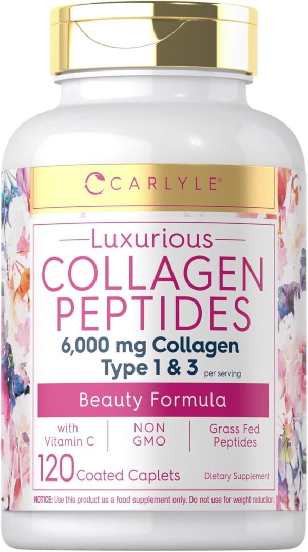 61sUTjgs6JL._AC_SL1500_.jpg Carlyle Collagen with Vitamin C | 6000mg | 120 Caplets | Multi Collagen Peptide Pills | Type 1 and 3 | Non-GMO, Gluten Free, Grass Fed