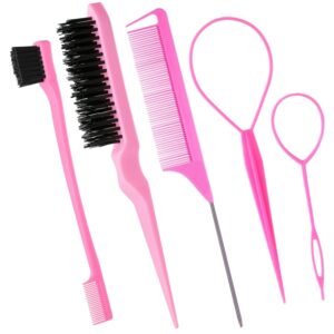 61sc-YqpjxL._SL1500_.jpg 5Pcs Slick Back Brush Set with Topsy Tail Tool, Teasing Bristle, Rat Comb for Women & Girls Hair Styling, Flyaways Control and Edge Combing - Pink