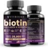 Biotin with Hyaluronic Acid, Collagen and Keratin – 25000 mcg Hair Growth Vitamins for Men and Women – Nails and Skin, USA Made - Third Party Tested, B1, B2, B3, B6, B7 Complex - 60 Capsules