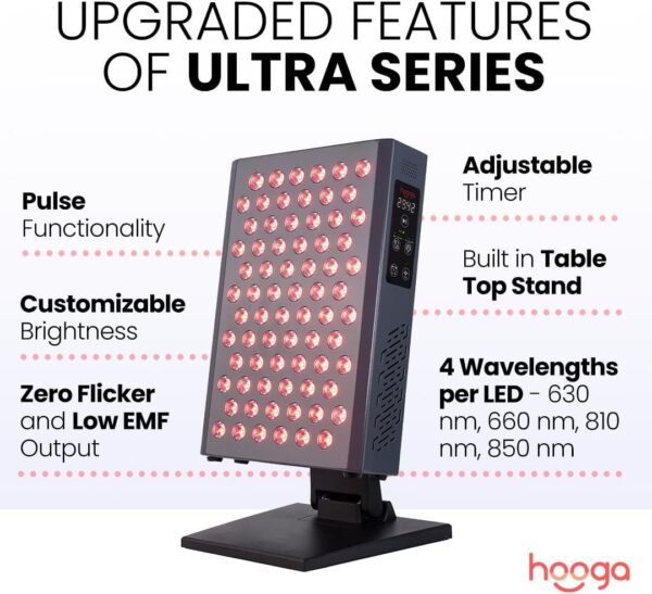 Hooga Red Light Therapy, Red Near Infrared LED Panel, 72 Quad Chip Flicker Free LEDs, Ultra Series, Clinical Grade Device for Energy, Pain, Skin, Recovery, Sleep, Performance. ULTRA360.