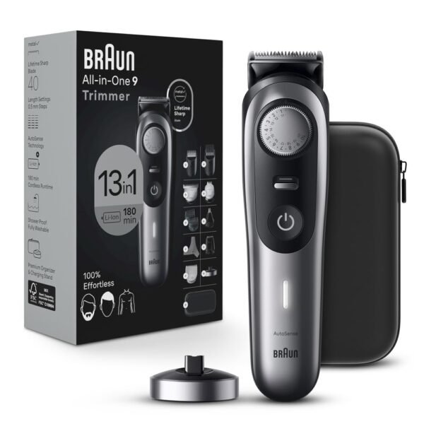 61v0Nxa4FL._SL1000_.jpg Braun All-in-One Men's Shaving Kit Series 9 9440, 13-in-1 Beard, Face, Nose, Ear Trimmer, Hair Clippers, Body Groomer and Manscaping