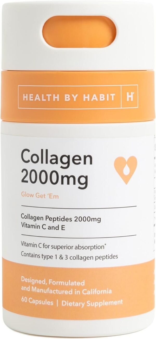 61xV6vbw7-L._AC_SL1500_.jpg Health by Habit Collagen Supplement (60 Capsules) - Vitamin C & Vitamin E, 2000mg, Collagen Peptides, Superior Absorption, Support Your Skin, Non-GMO, Sugar Free (1 Pack)