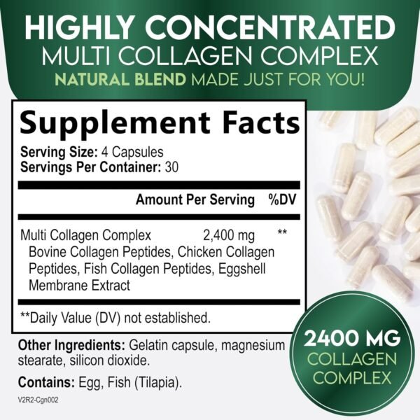 Collagen Peptides for Women & Men - Type I, II, III, V, X Multi Collagen, Hydrolyzed Collagen Supplement Supports Hair, Nail, Skin, Bone and Joint Health with Vital Nutrients & Proteins - 120 Capsules