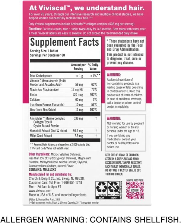 Viviscal Hair Growth Supplements For Women For Thicker, Fuller Hair, Nourishes Thinning & Loss, With Proprietary Collagen Complex, 60 Tablets, 1 Month Supply