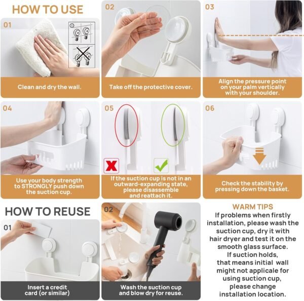 LEVERLOC Shower Caddy Suction Cup, Shower Organizer Removable Bathroom Shelf, Storage Suction Powerful Max Hold 22lbs Bathroom Caddy Waterproof Holder, White