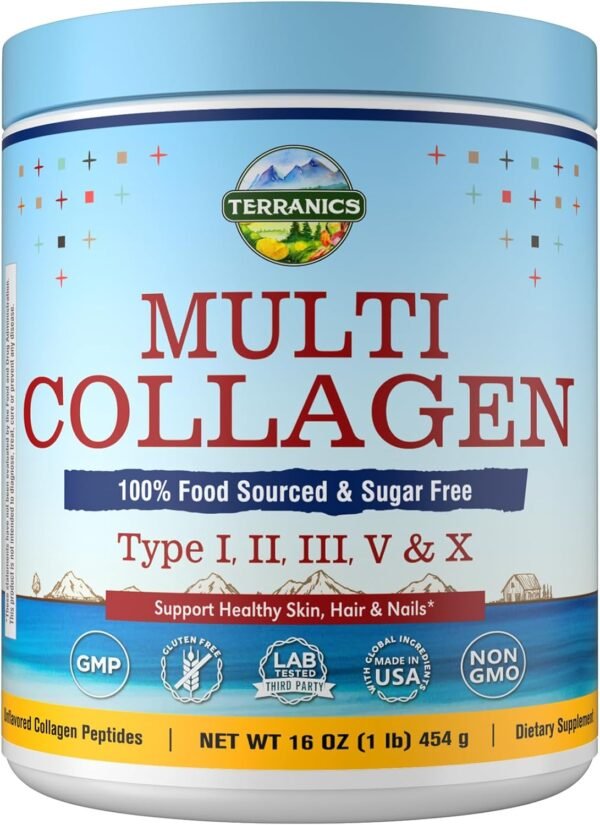 71-NTJXIe1L._AC_SL1500_.jpg Terranics Multi Collagen Peptides Powder, Type I II III V X Hydrolyzed Collagen for Women+Men, Collagen Supplements for Skin Nail Hair, Fast Dissolve, Unflavored Colageno, No Sugar, Keto, 16oz