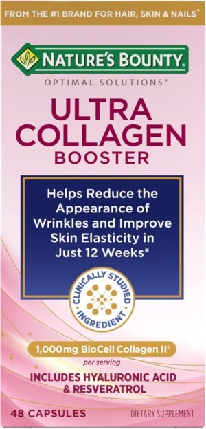 71-R5uoKRVL._AC_SL1500_.jpg Nature's Bounty Optimal Solutions Ultra Collagen Booster for Healthy-Aging, Collagen Supplement, Resveratrol, Hyaluronic Acid – Collagen Capsules for Women, 48 Capsules