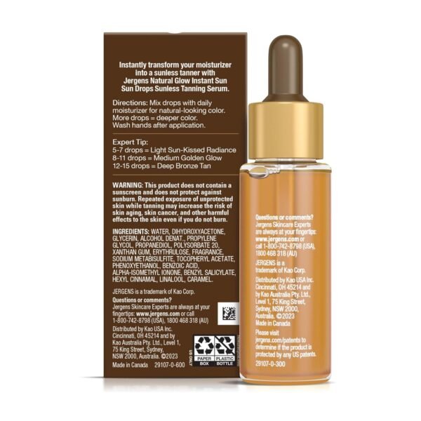Jergens Natural Glow Instant Sun Drops, Sunless Tanning for Face and Body, Instant Sun Bronzing Drops, Oil Free, 1 Fl Oz
