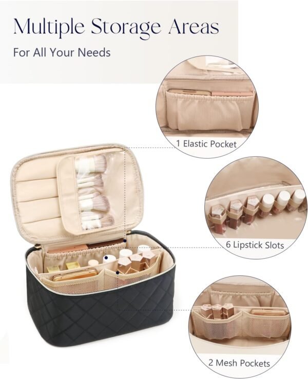 71-X76Rhl9L._AC_SL1500_.jpg Prite Makeup Bag, Large Capacity Portable Travel Cosmetic Bag, Waterproof Makeup Organizer for Women with Handle and Divider(Black Rhombus)