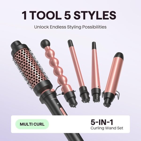 71-suLTHKsL._SL1500_.jpg Wavytalk 5 in 1 Curling Wand Set, Multi Curl, Curling Wand Set with Thermal Brush and 4 Interchangeable Ceramic Curling Wand(0.5”-1.25”), Instant Heat Up Wand Curling Iron (Rose Gold)