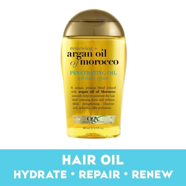 OGX Renewing + Argan Oil of Morocco Penetrating Hair Oil Treatment, Moisturizing & Strengthening Silky Oil for All Hair Types, Paraben-Free, Sulfated-Surfactants Free, 3.3 fl oz
